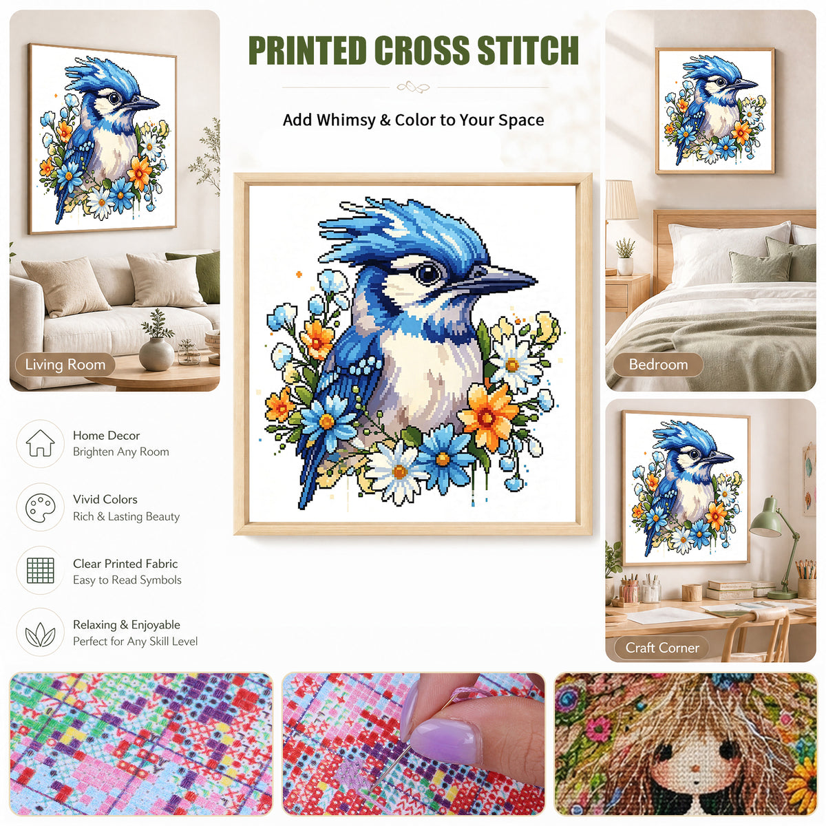 Blue Jay Among Flowers - Full 14CT Stamped Cross Stitch 30x30CM - Huacan