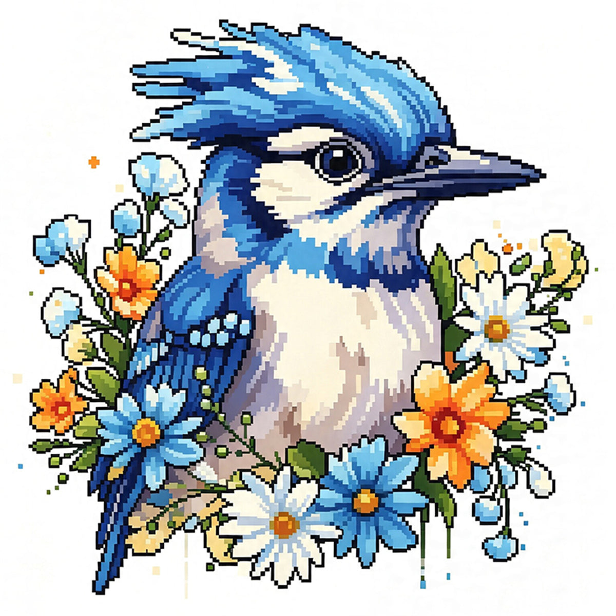 Blue Jay Among Flowers - Full 14CT Stamped Cross Stitch 30x30CM - Huacan