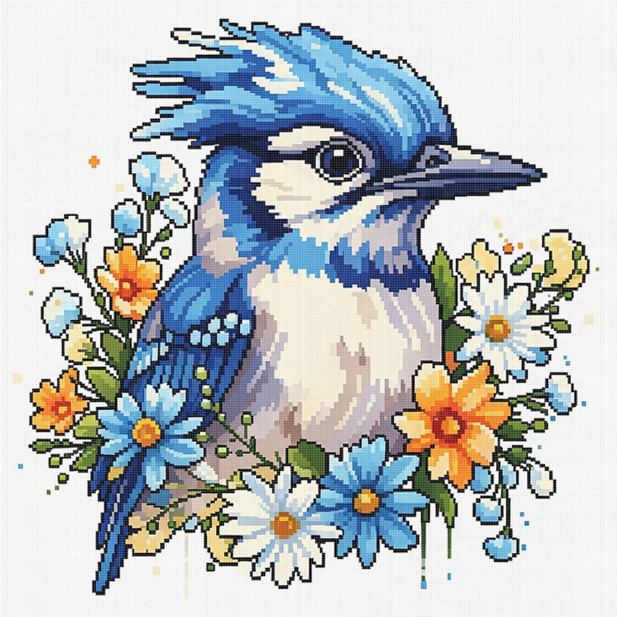 Blue Jay Among Flowers - Full 14CT Stamped Cross Stitch 30x30CM - Huacan