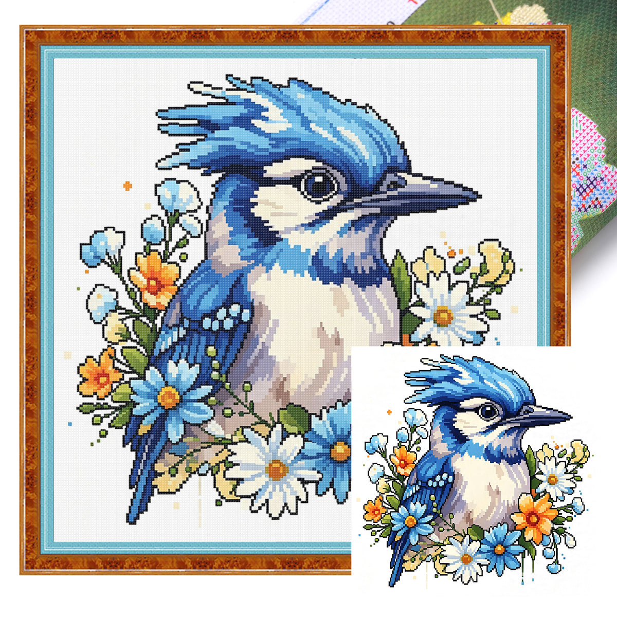 Blue Jay Among Flowers - Full 14CT Stamped Cross Stitch 30x30CM - Huacan