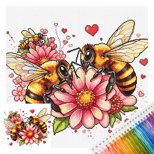 Two Pink Bees With Heart - Full 14CT Stamped Cross Stitch 30x30CM - Huacan