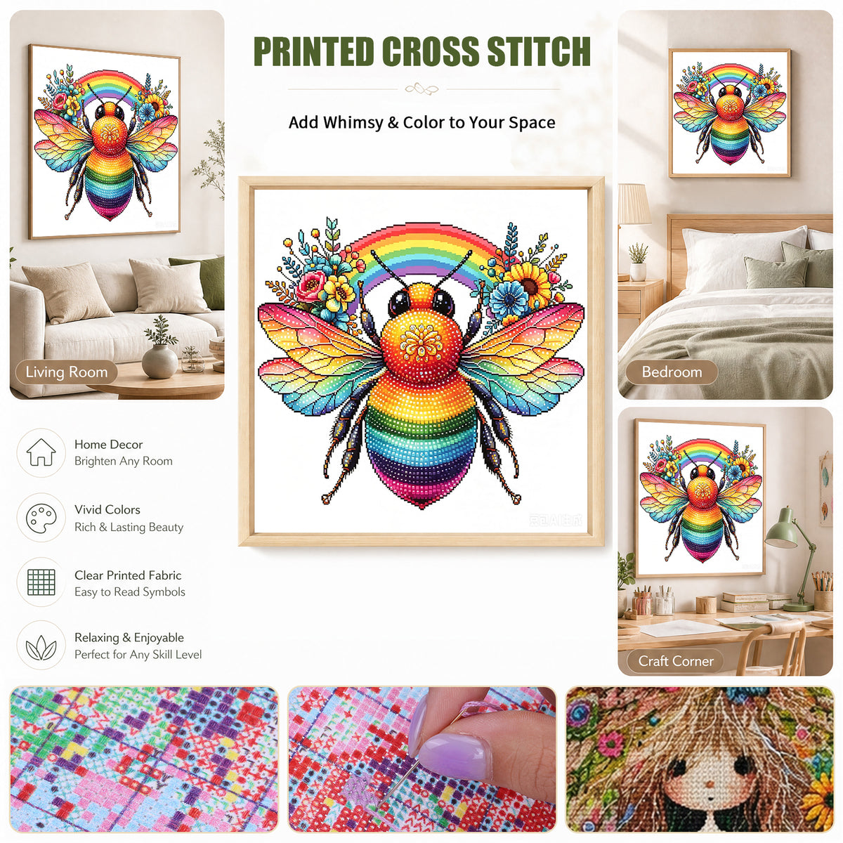 Rainbow Bee - Full 14CT Stamped Cross Stitch 30x30CM - Huacan