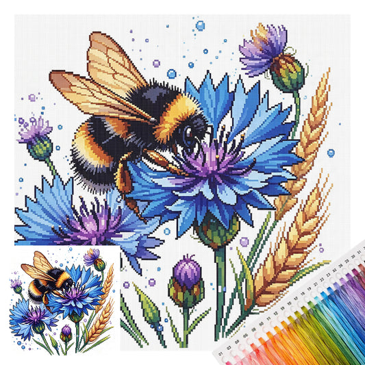 Cornflower Bumblebee - Full 14CT Stamped Cross Stitch 30x30CM - Huacan