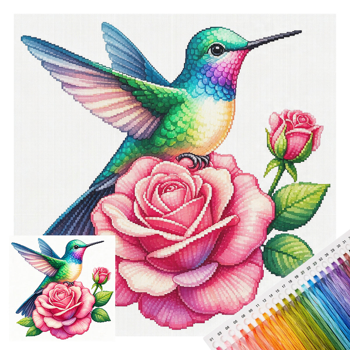 Rosen-Kolibri – Vollständiges 14CT gestempeltes Kreuzstich-Set 30x30CM – Huacan