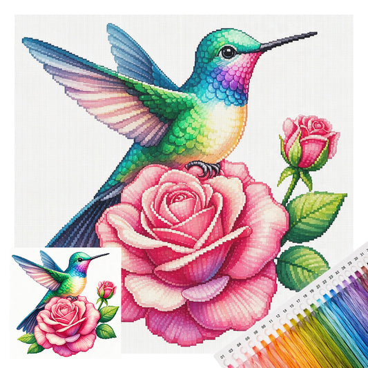 Rosen-Kolibri – Vollständiges 14CT gestempeltes Kreuzstich-Set 30x30CM – Huacan