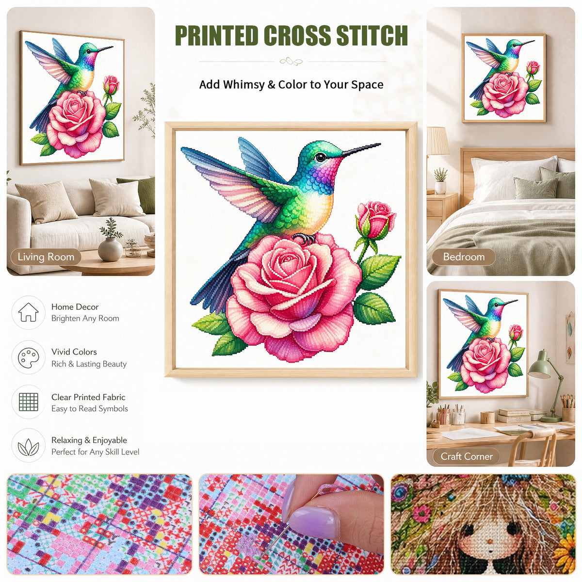 Rosen-Kolibri – Vollständiges 14CT gestempeltes Kreuzstich-Set 30x30CM – Huacan