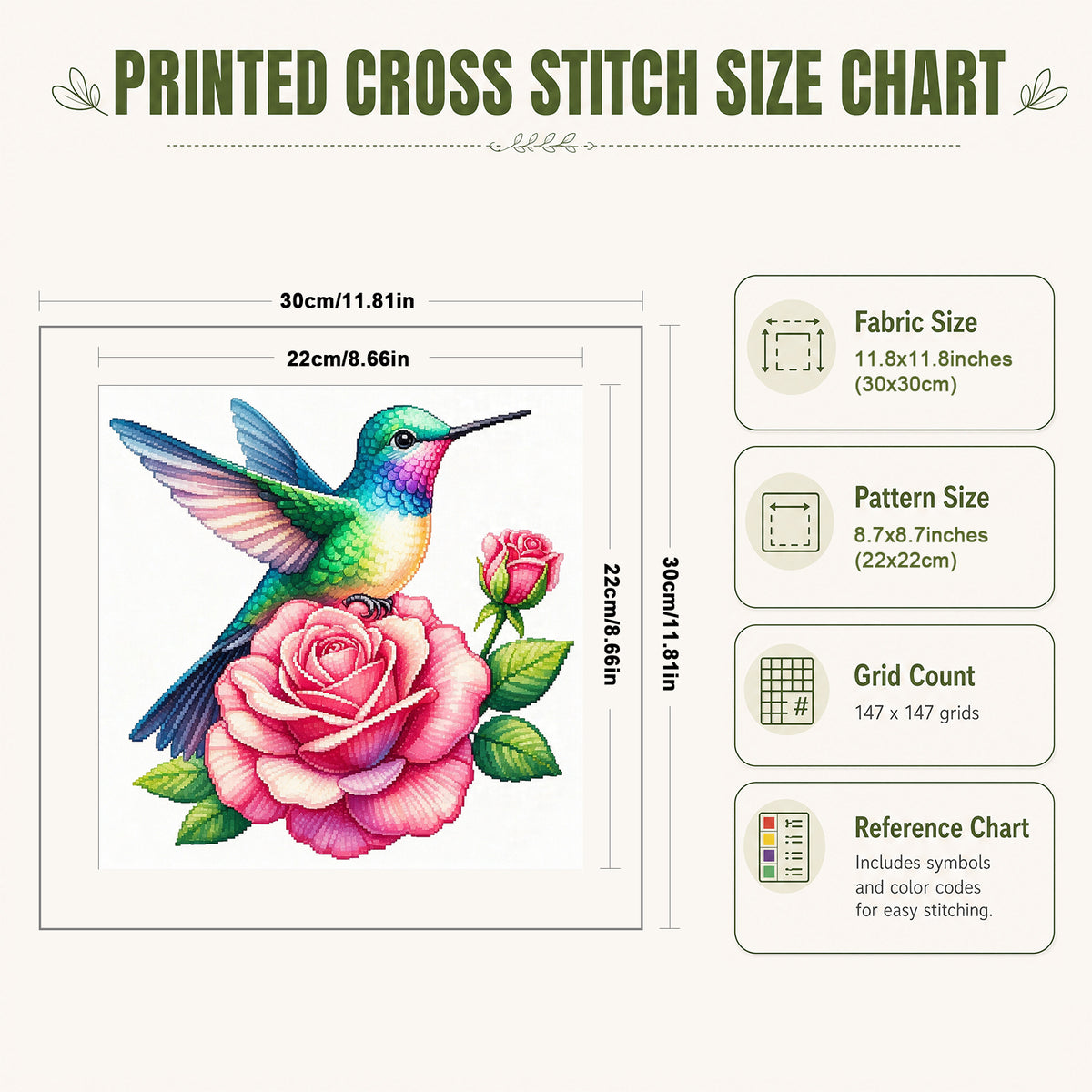 Rosen-Kolibri – Vollständiges 14CT gestempeltes Kreuzstich-Set 30x30CM – Huacan
