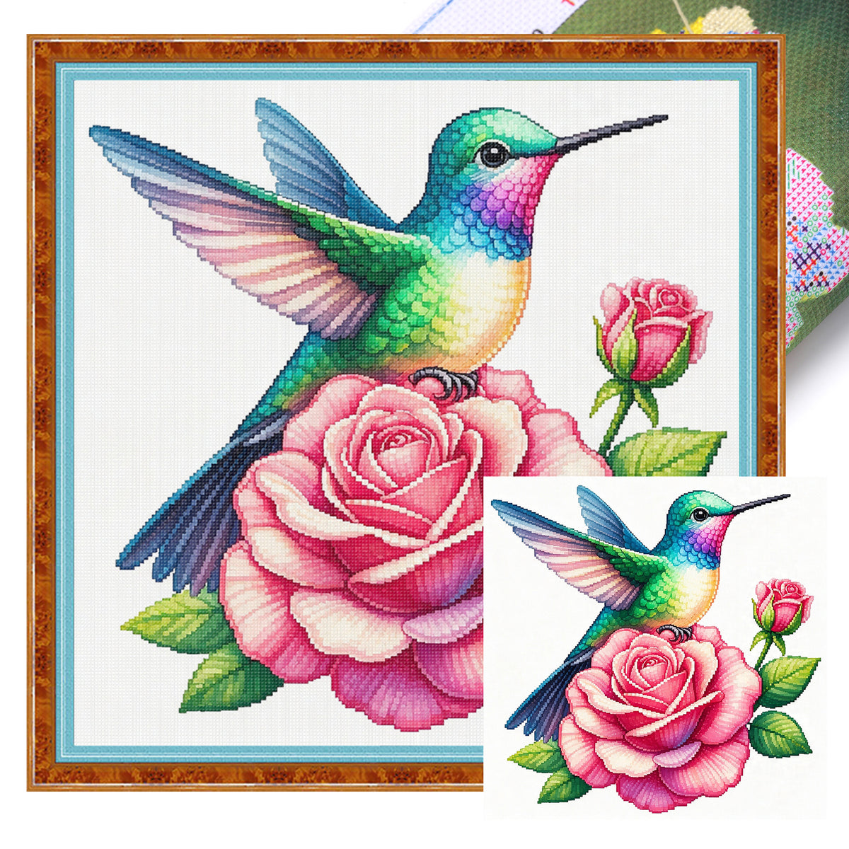 Rosen-Kolibri – Vollständiges 14CT gestempeltes Kreuzstich-Set 30x30CM – Huacan