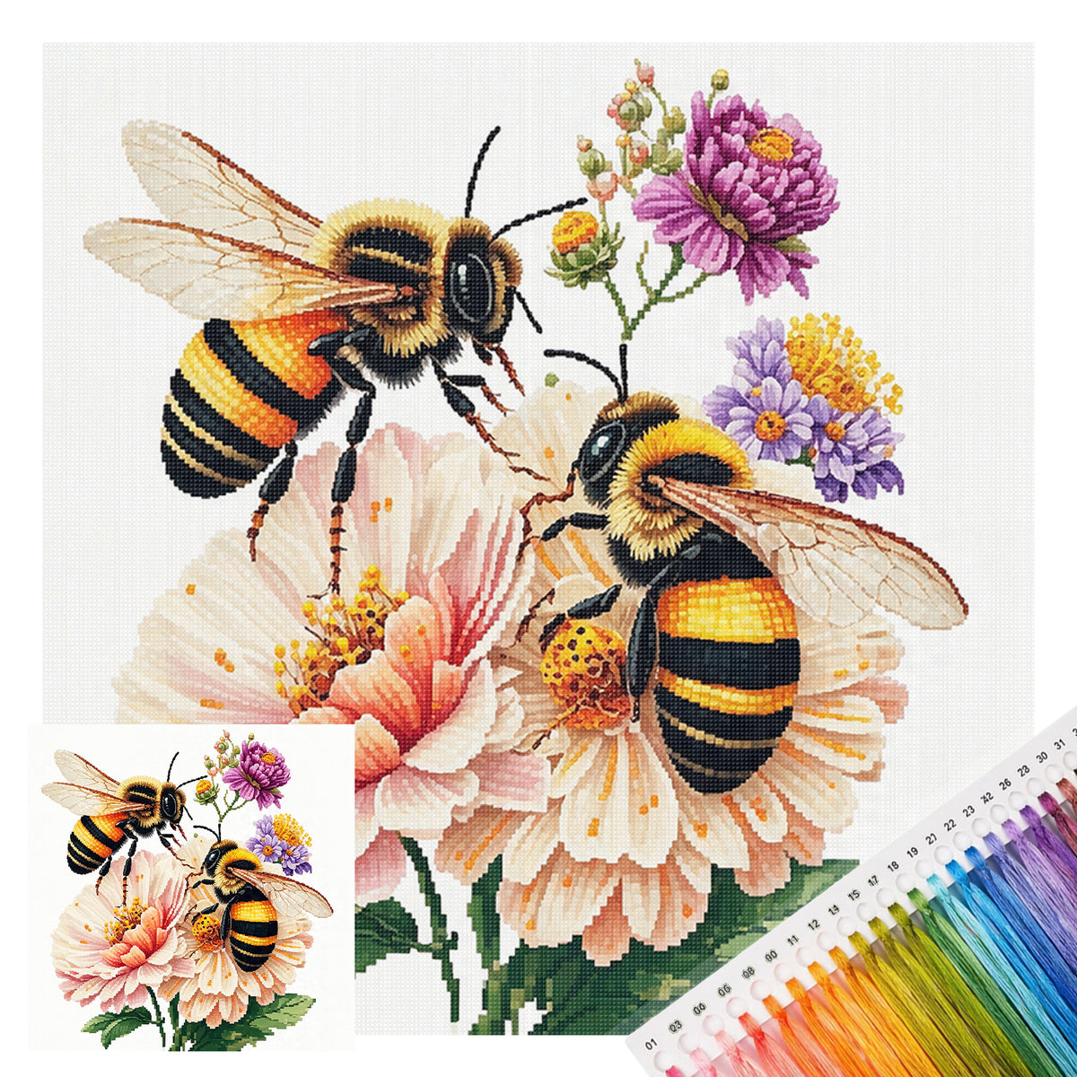 Pink Flower Bee - Full 14CT Stamped Cross Stitch 30x30CM - Huacan