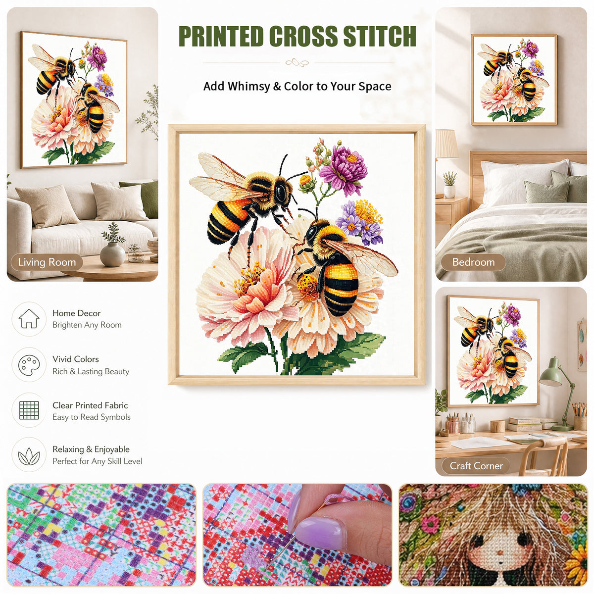 Pink Flower Bee - Full 14CT Stamped Cross Stitch 30x30CM - Huacan