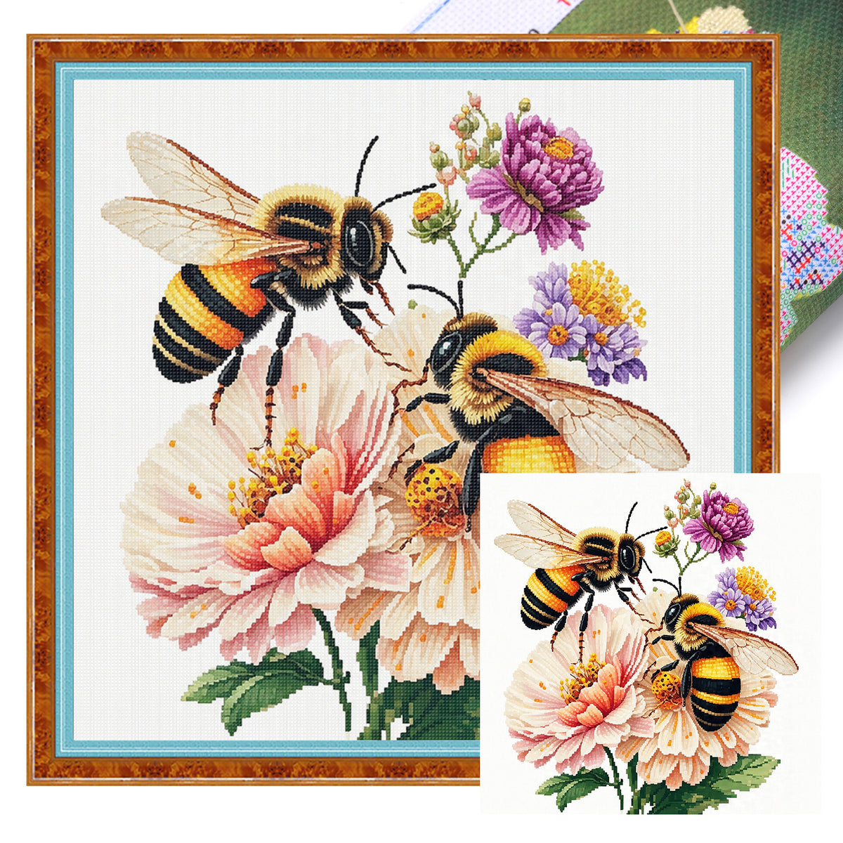 Pink Flower Bee - Full 14CT Stamped Cross Stitch 30x30CM - Huacan