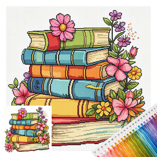 Stacked Books With Flowers - Full 14CT Stamped Cross Stitch 30x30CM - Huacan