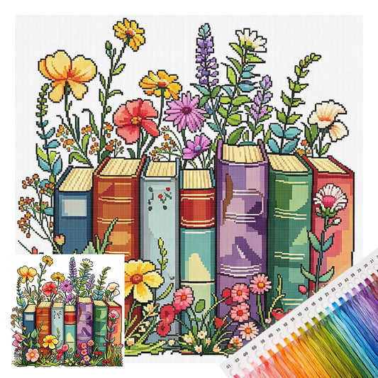 Wild Flowers Between Books - Full 14CT Stamped Cross Stitch 30x30CM - Huacan