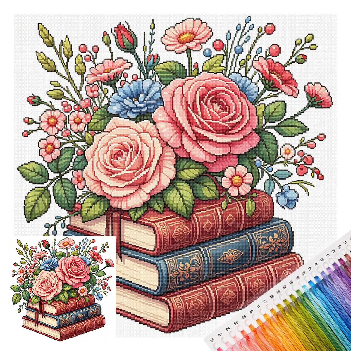 Rosen-Bücherstapel - Vollständiges 14CT Stempel-Kreuzstichset 30x30CM - Huacan