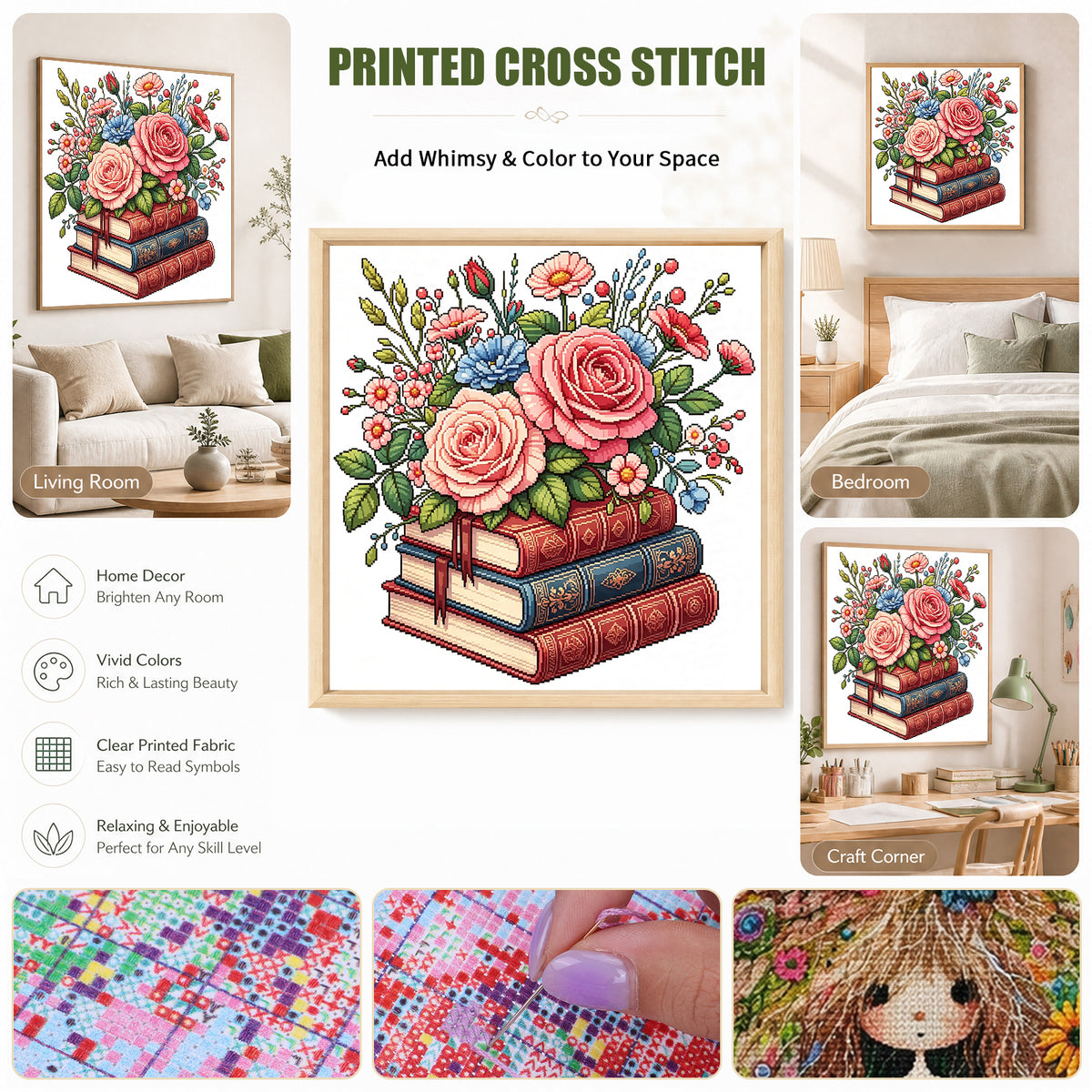 Rosen-Bücherstapel - Vollständiges 14CT Stempel-Kreuzstichset 30x30CM - Huacan