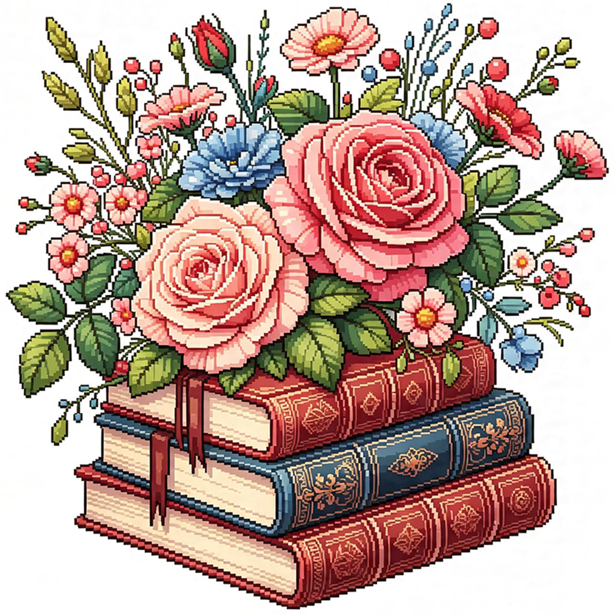 Rosen-Bücherstapel - Vollständiges 14CT Stempel-Kreuzstichset 30x30CM - Huacan