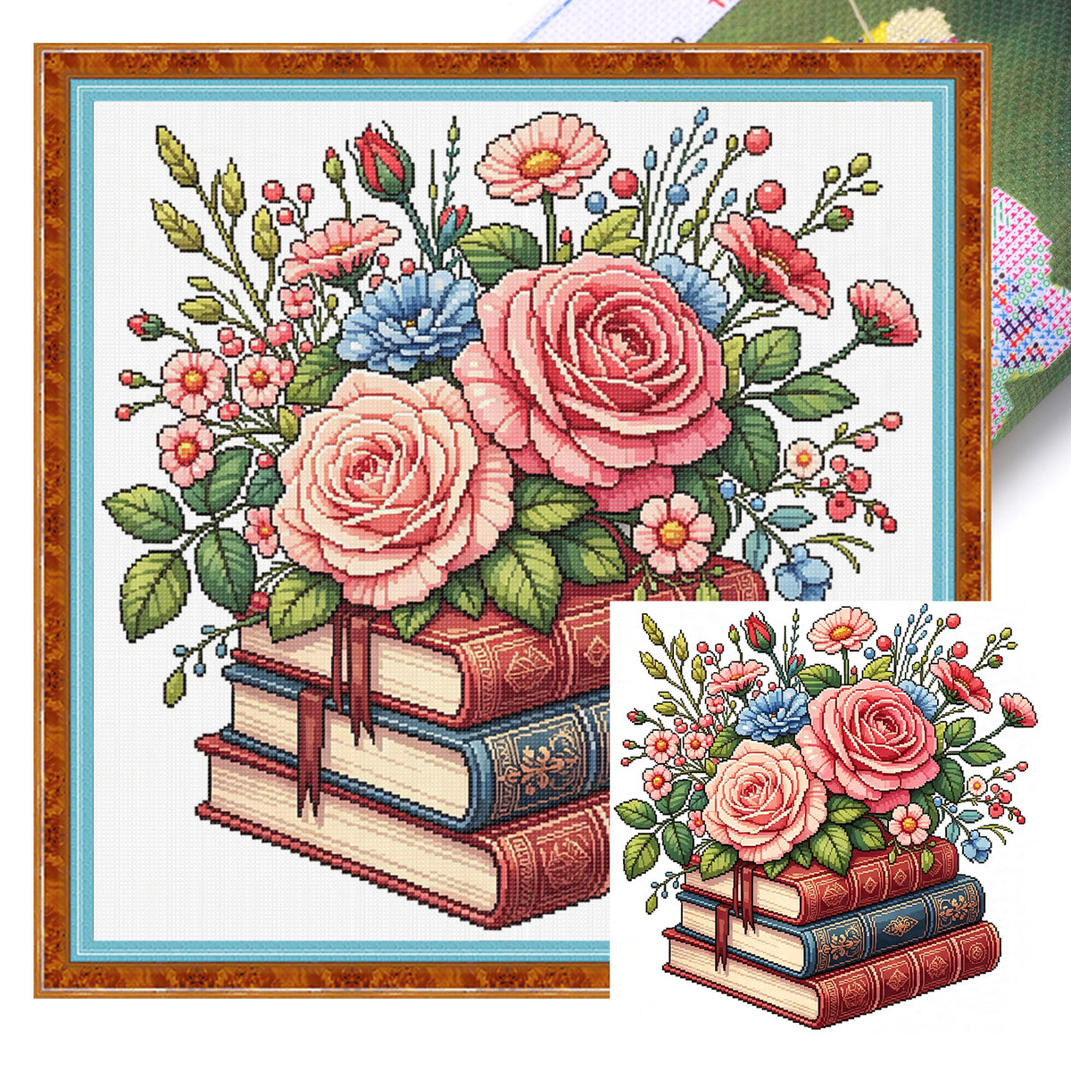 Rosen-Bücherstapel - Vollständiges 14CT Stempel-Kreuzstichset 30x30CM - Huacan