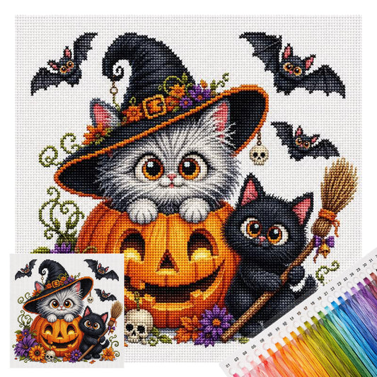 Katze und Kürbis - Vollständiges 11CT Stempel-Kreuzstich-Set 40x40 cm - Huacan
