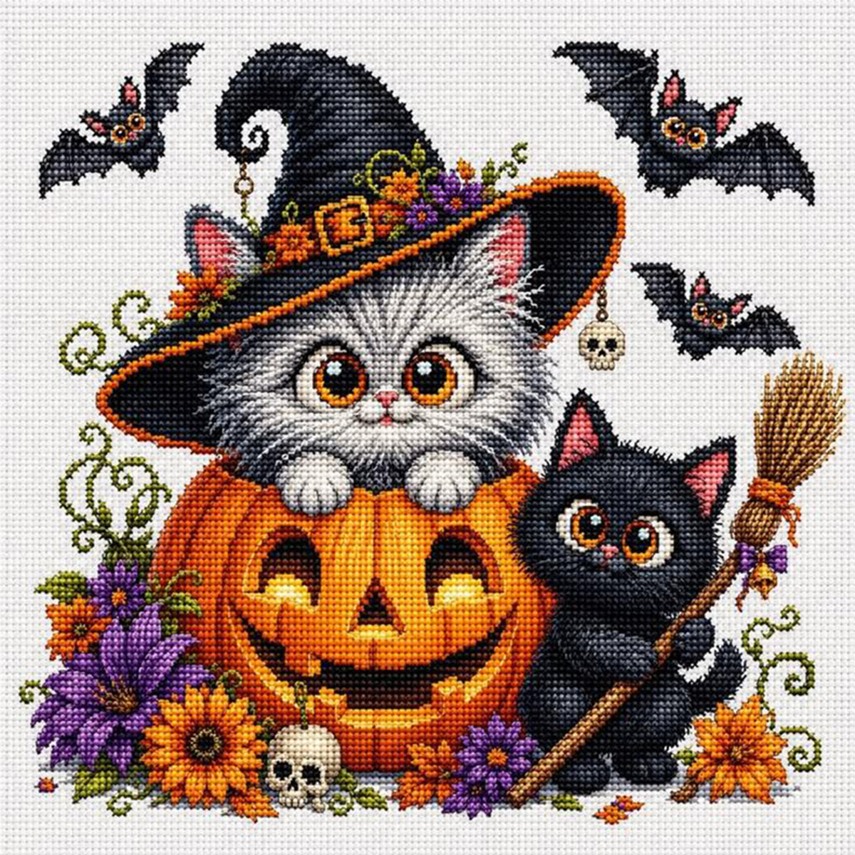 Katze und Kürbis - Vollständiges 11CT Stempel-Kreuzstich-Set 40x40 cm - Huacan