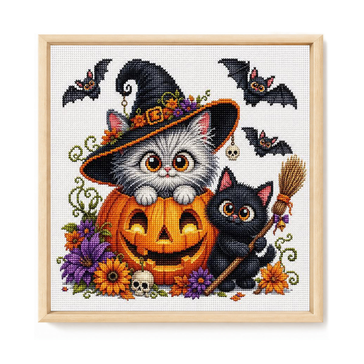 Katze und Kürbis - Vollständiges 11CT Stempel-Kreuzstich-Set 40x40 cm - Huacan
