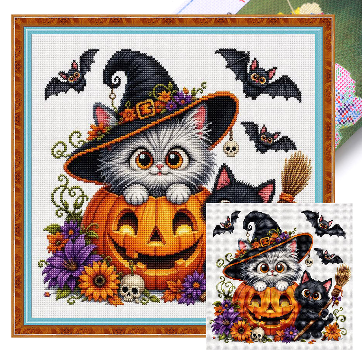 Katze und Kürbis - Vollständiges 11CT Stempel-Kreuzstich-Set 40x40 cm - Huacan