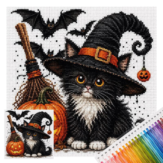 Schwarze Katze und Kürbis - Vollständiges 11CT Stempel-Kreuzstichset 40x40CM - Huacan
