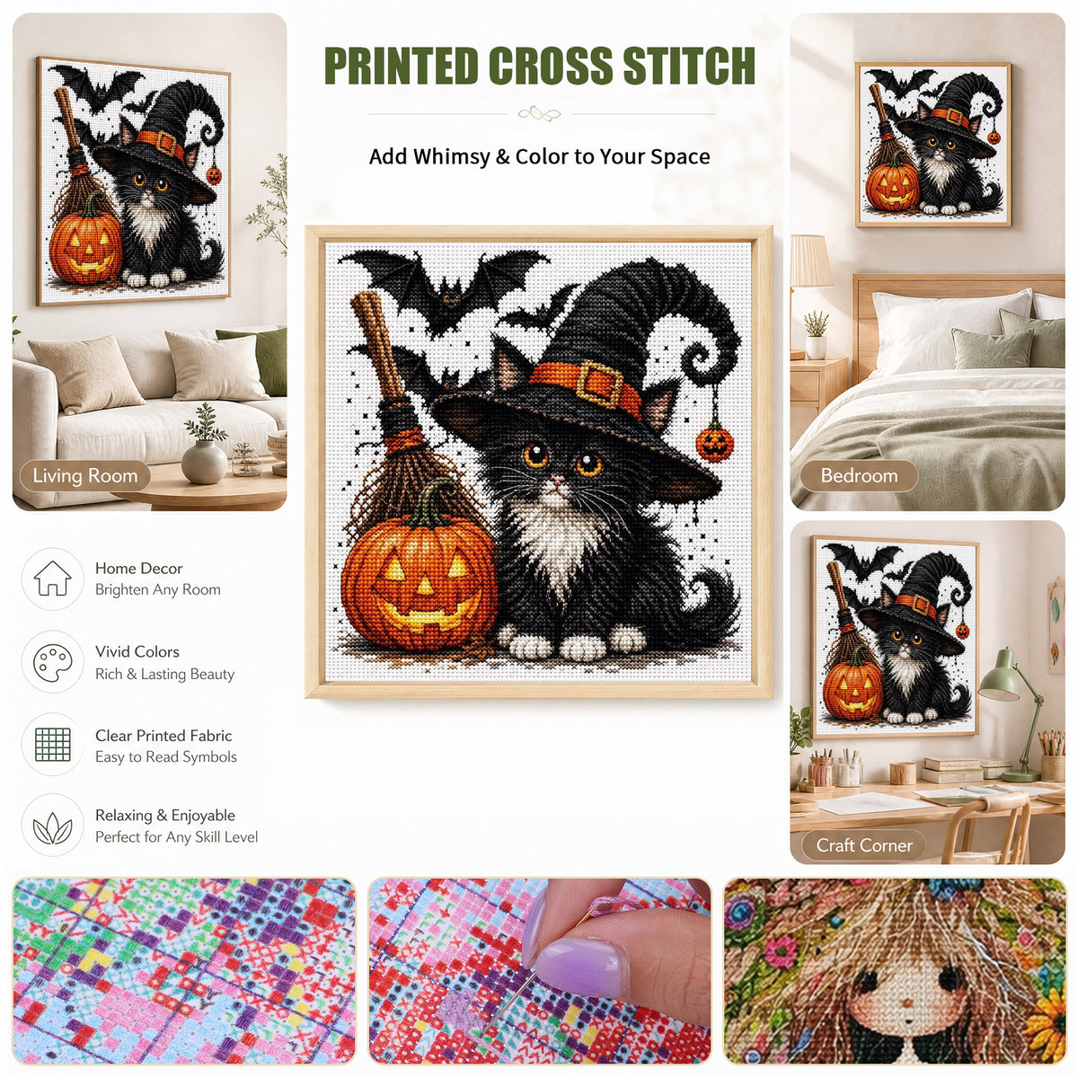 Black Cat And Pumpkin - Full 11CT Stamped Cross Stitch 40x40CM - Huacan