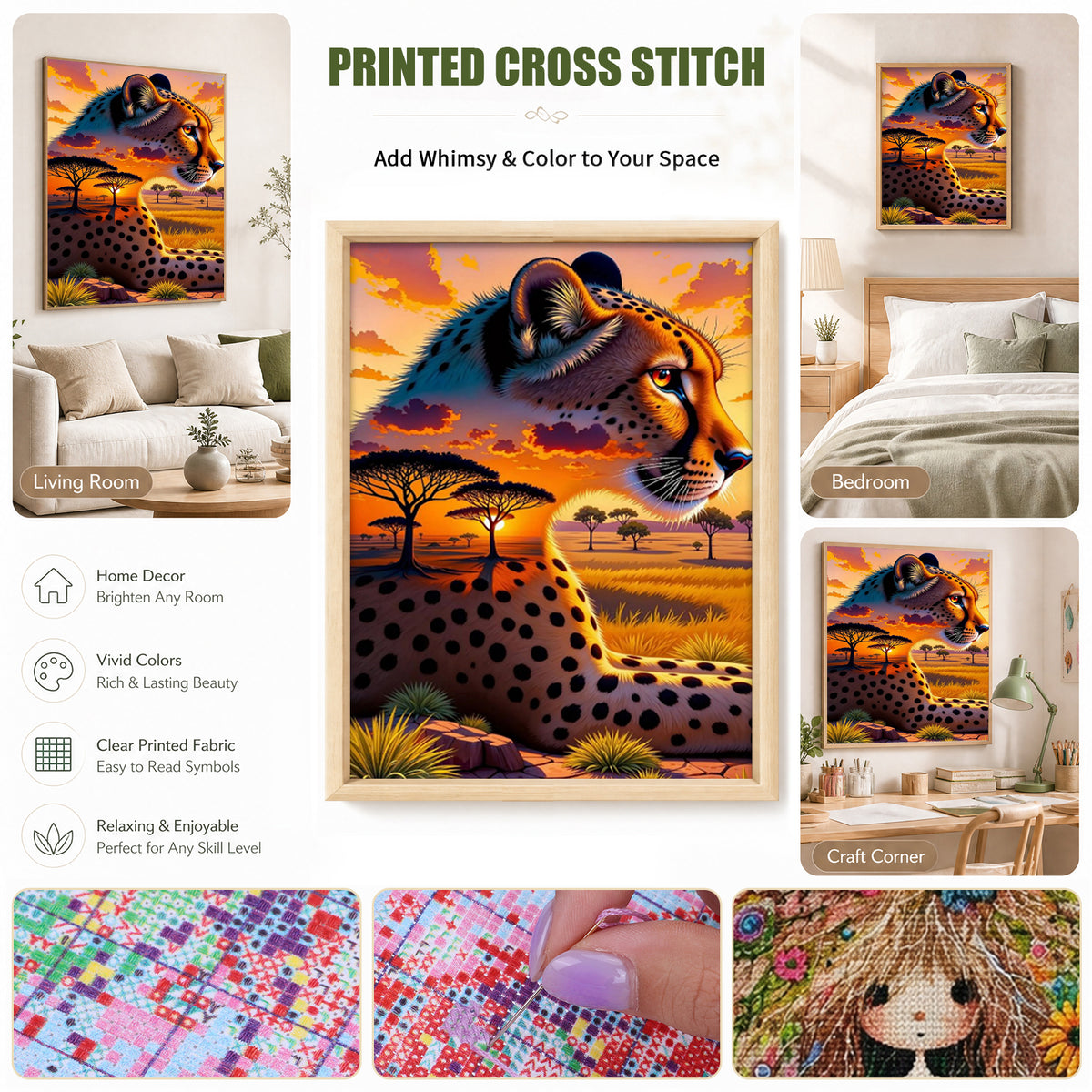 Sonnenuntergang Gepard - Vollständiges 11CT gestempeltes Kreuzstich-Set 40x55CM - Huacan