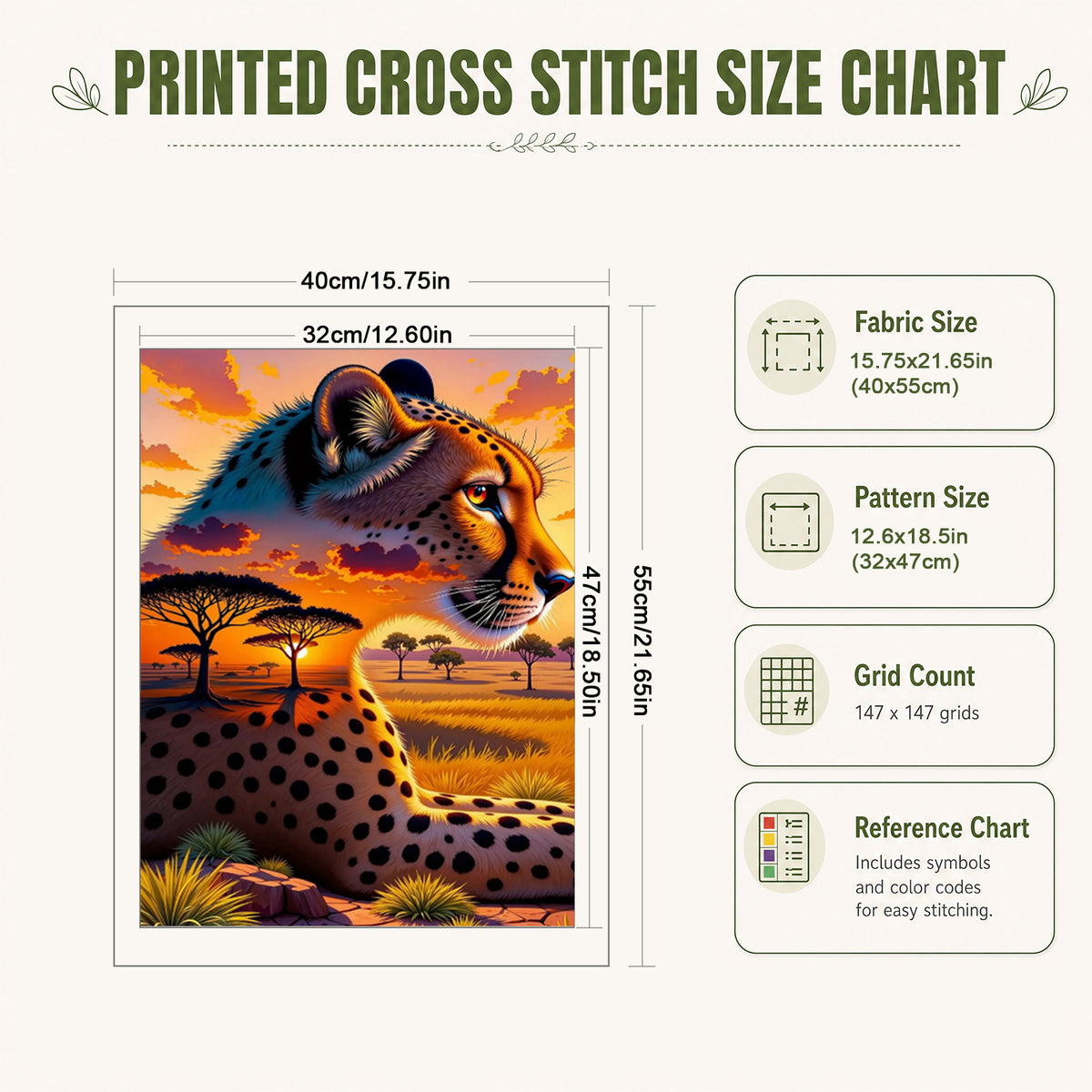 Sonnenuntergang Gepard - Vollständiges 11CT gestempeltes Kreuzstich-Set 40x55CM - Huacan