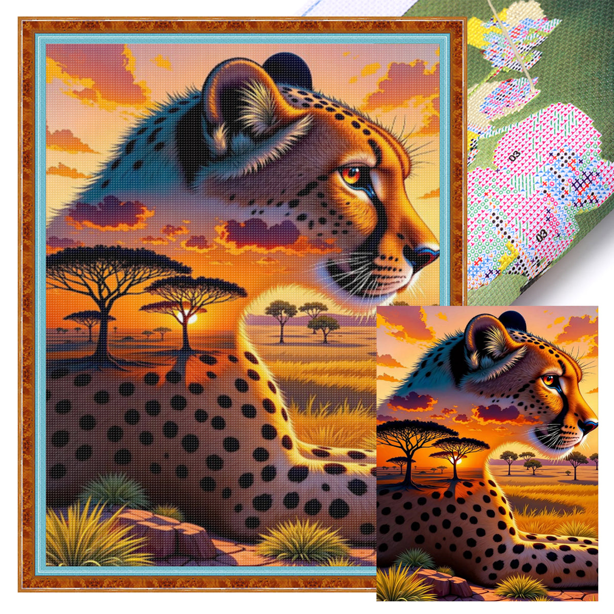 Sonnenuntergang Gepard - Vollständiges 11CT gestempeltes Kreuzstich-Set 40x55CM - Huacan