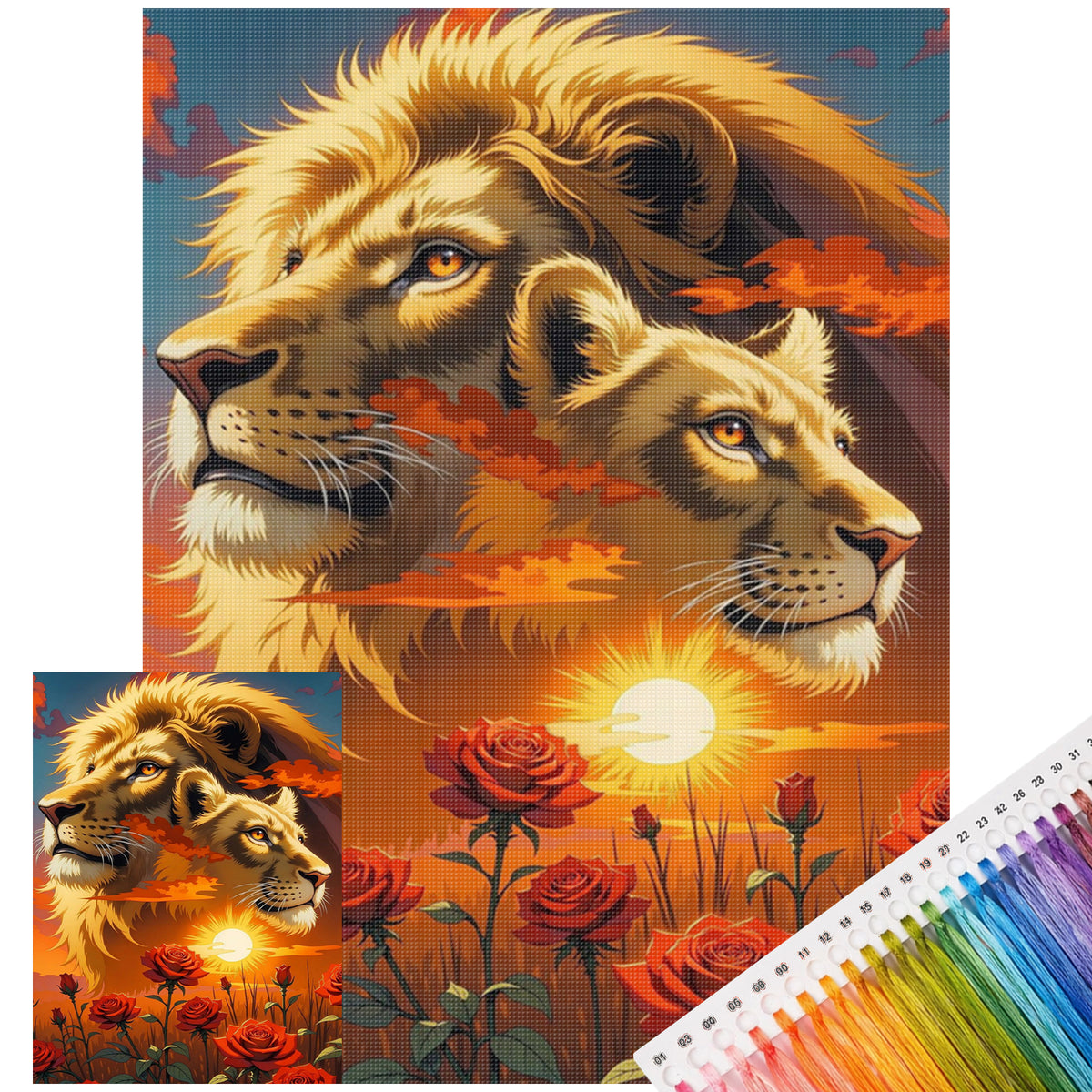 Rosen-Löwen - Vollständiges 11CT gestempeltes Kreuzstich-Set 40x55cm - Huacan