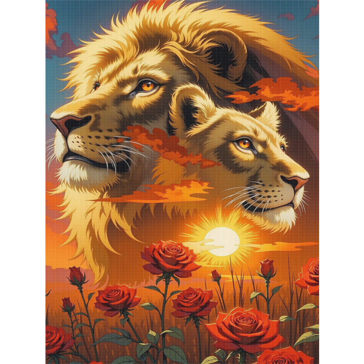 Rosen-Löwen - Vollständiges 11CT gestempeltes Kreuzstich-Set 40x55cm - Huacan