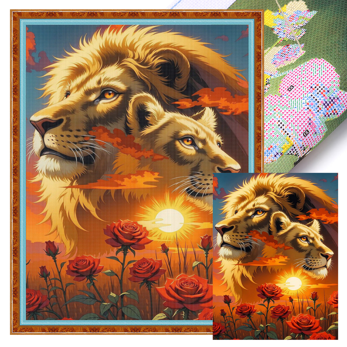 Rosen-Löwen - Vollständiges 11CT gestempeltes Kreuzstich-Set 40x55cm - Huacan