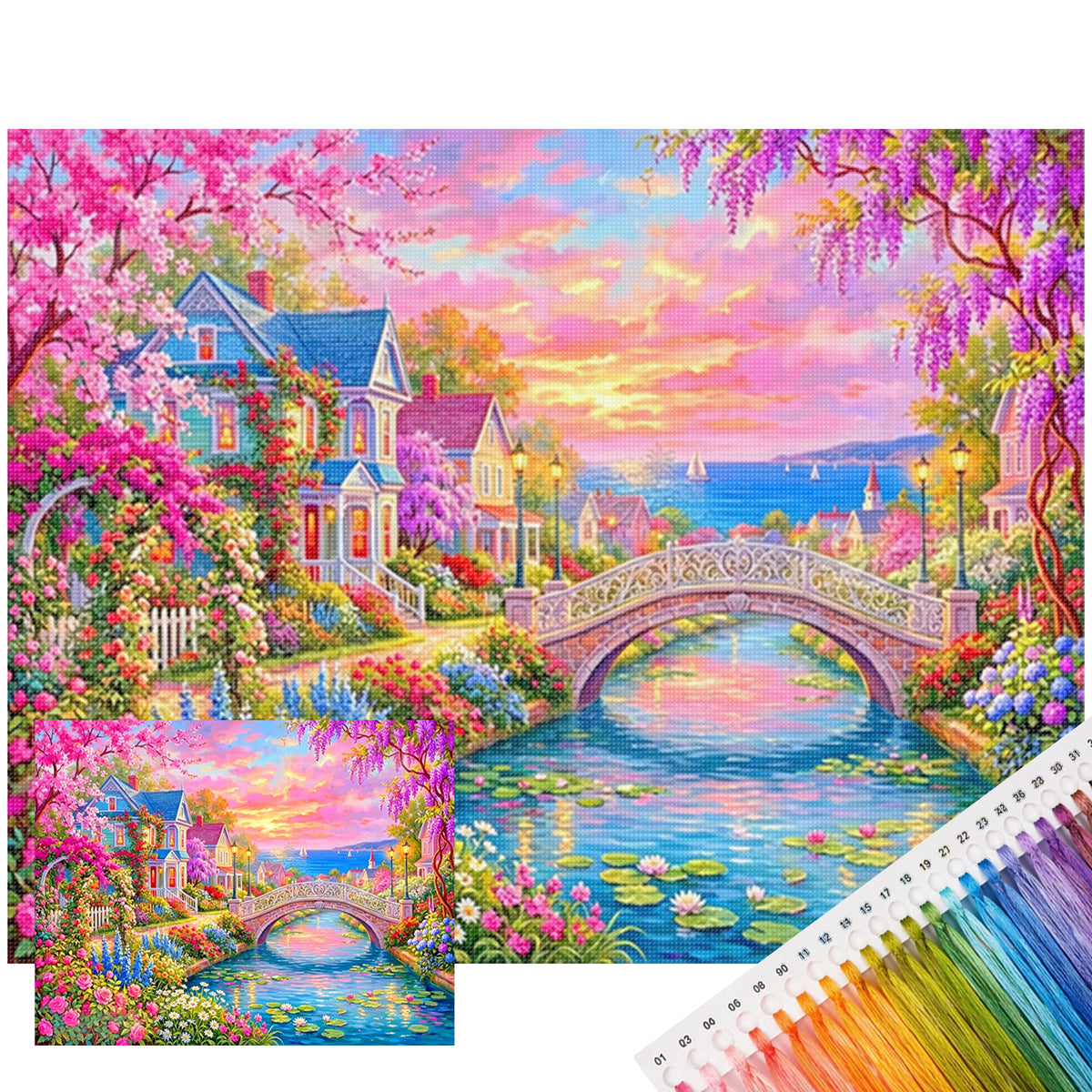 Flower Town - Full 14CT Stamped Cross Stitch 50x40CM - Huacan