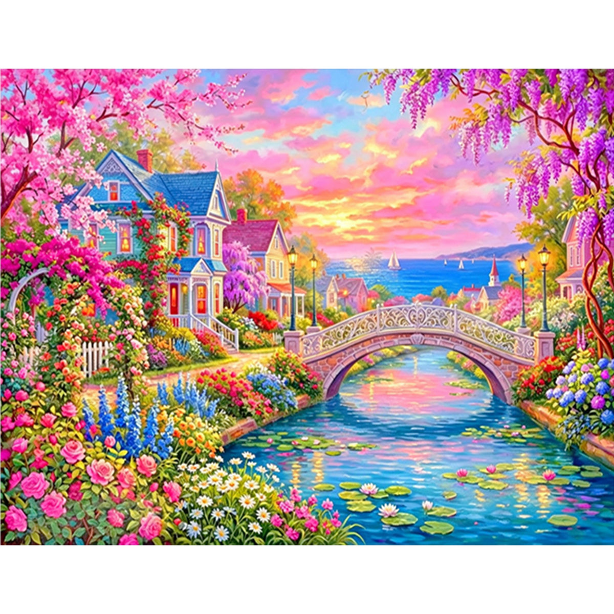 Flower Town - Full 14CT Stamped Cross Stitch 50x40CM - Huacan