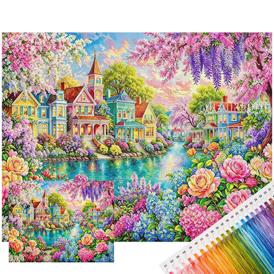 Flussdorf - Vollständiges 14CT gestempeltes Kreuzstich-Set 50x40CM - Huacan