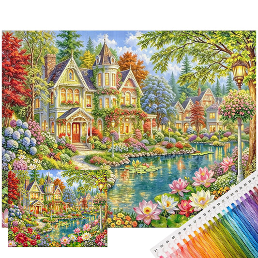 Lake Manor – Vollständiges 14CT Stempel-Kreuzstich-Set 50x40CM – Huacan