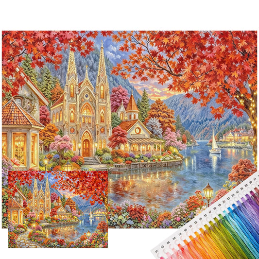 Herbstkapelle - Vollständiges 14CT gestempeltes Kreuzstich-Set 50x40CM - Huacan