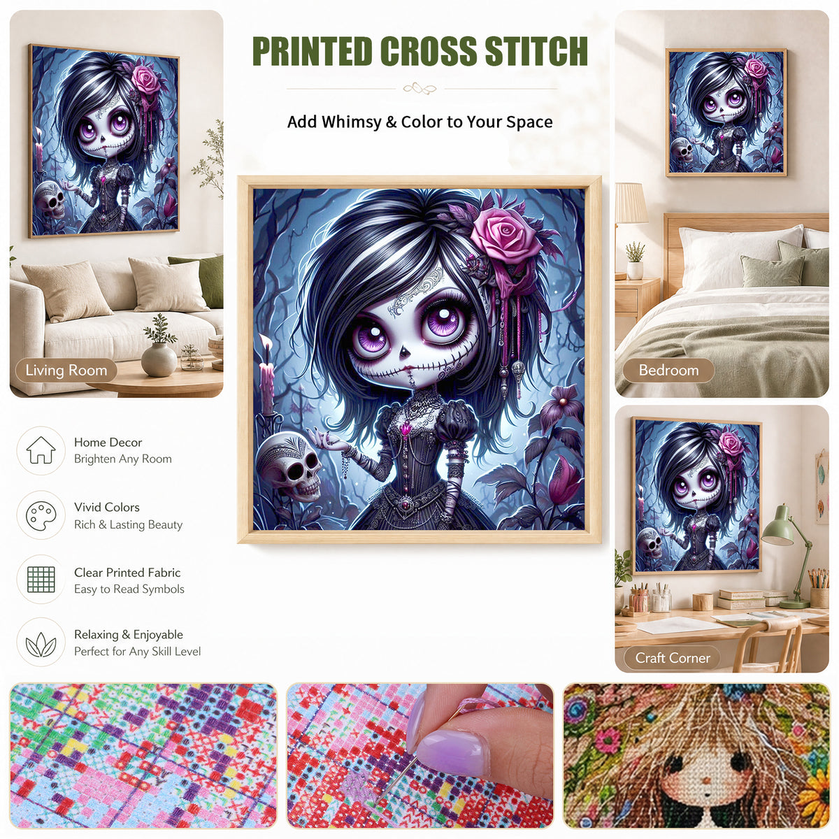Purple Rose Gothic Girl - Vollständiges 11CT gestempeltes Kreuzstich-Set 40x40CM - Huacan