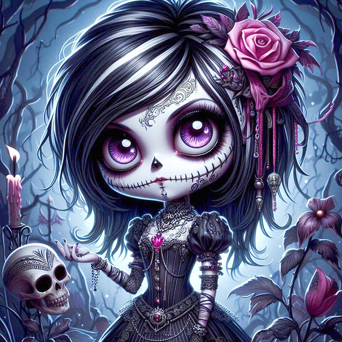 Purple Rose Gothic Girl - Vollständiges 11CT gestempeltes Kreuzstich-Set 40x40CM - Huacan