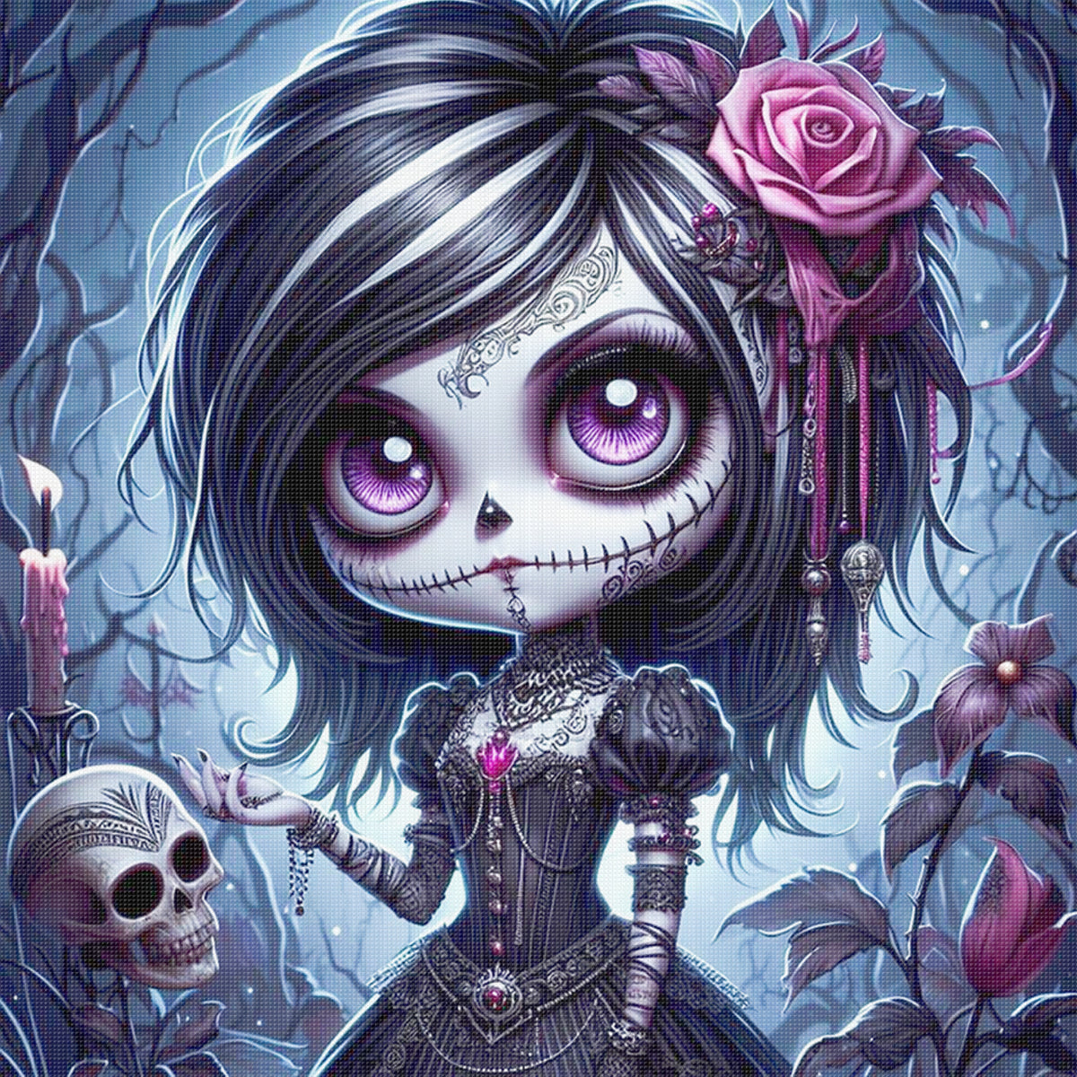 Purple Rose Gothic Girl - Vollständiges 11CT gestempeltes Kreuzstich-Set 40x40CM - Huacan