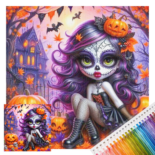 Kürbis-Zombie-Mädchen – Vollständiges 11CT gestempeltes Kreuzstich-Set 40x40CM – Huacan