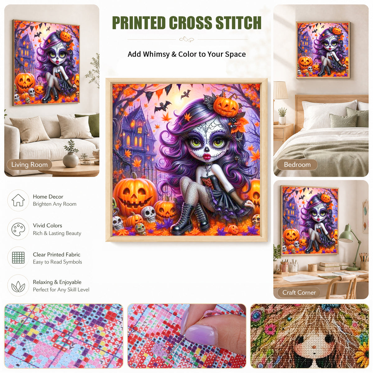 Pumpkin Zombie Girl - Full 11CT Stamped Cross Stitch 40x40CM - Huacan