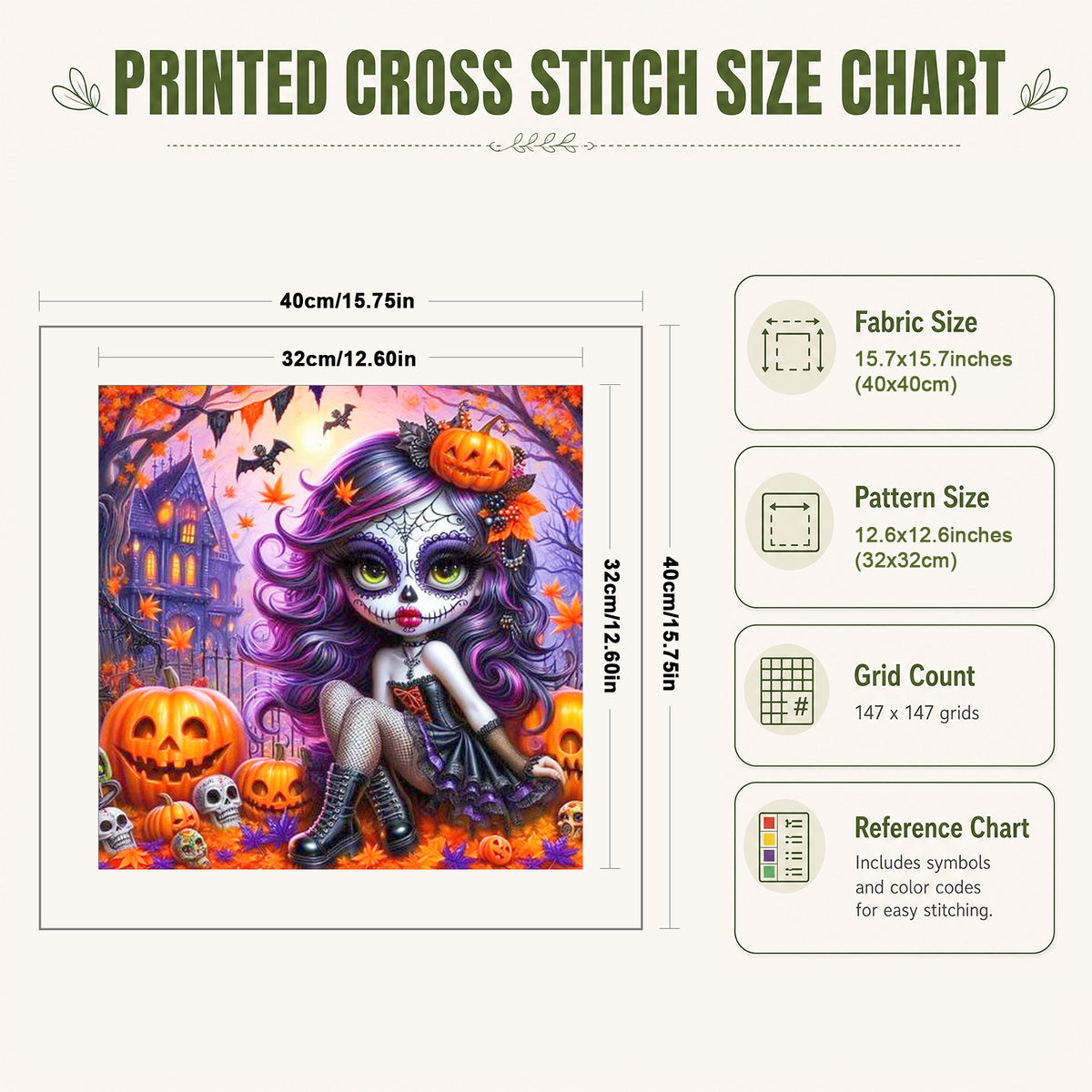 Pumpkin Zombie Girl - Full 11CT Stamped Cross Stitch 40x40CM - Huacan