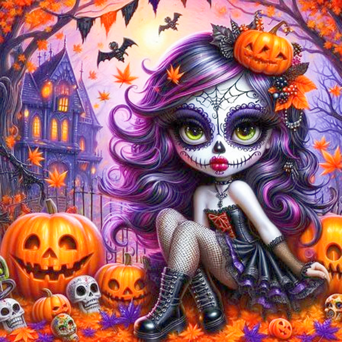 Pumpkin Zombie Girl - Full 11CT Stamped Cross Stitch 40x40CM - Huacan