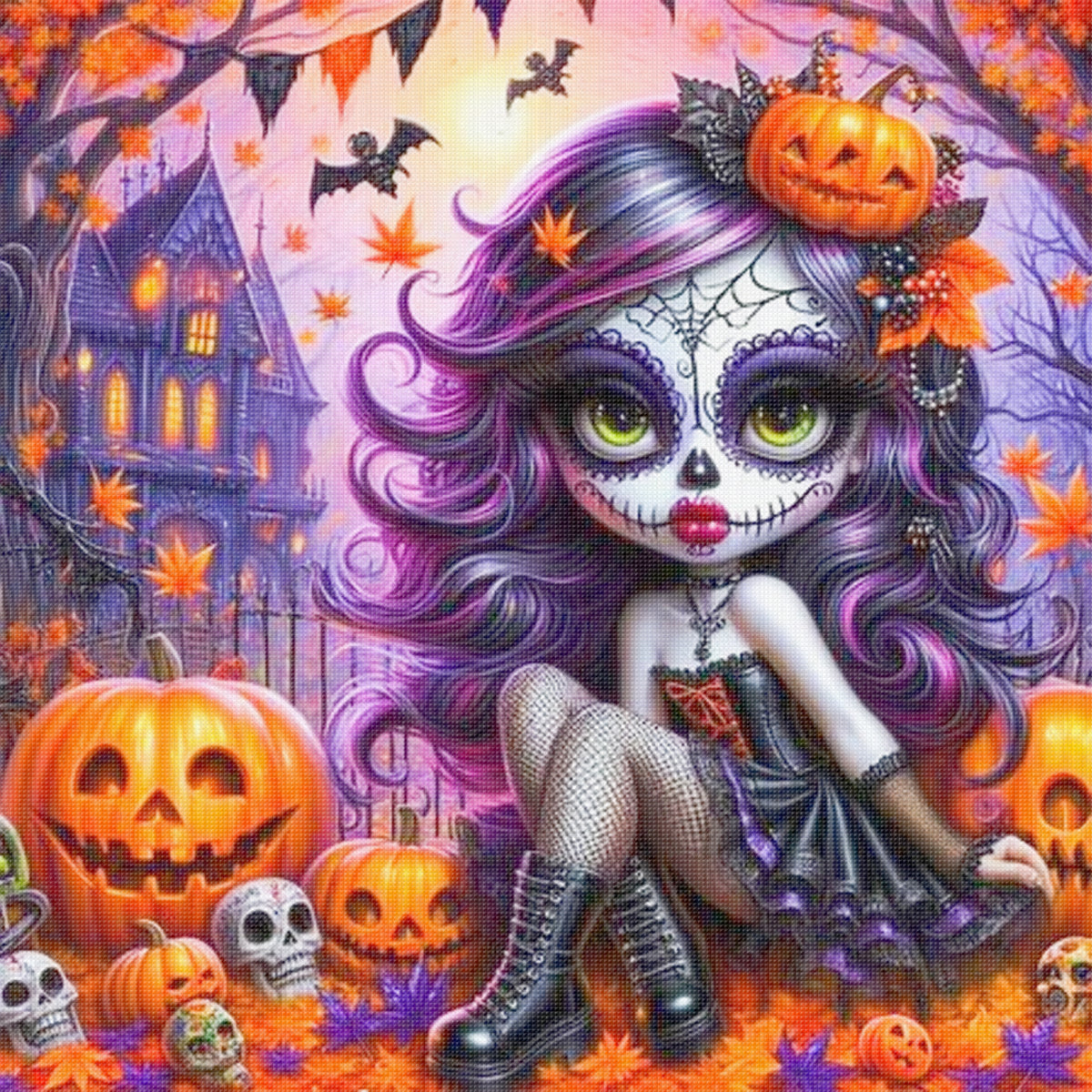 Pumpkin Zombie Girl - Full 11CT Stamped Cross Stitch 40x40CM - Huacan