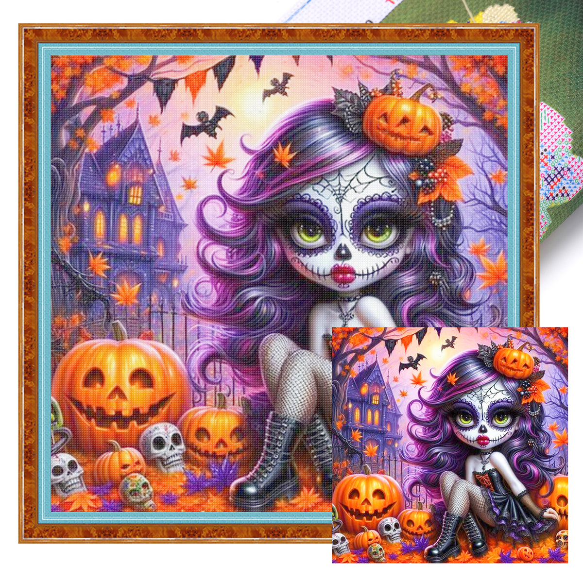 Pumpkin Zombie Girl - Full 11CT Stamped Cross Stitch 40x40CM - Huacan