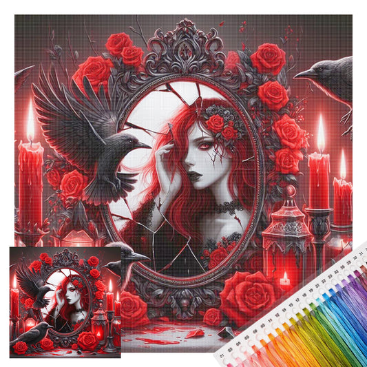 Dame mit rotem Make-up im Spiegel - Vollständiges 11CT gestempeltes Kreuzstich-Set 40x40CM - Huacan