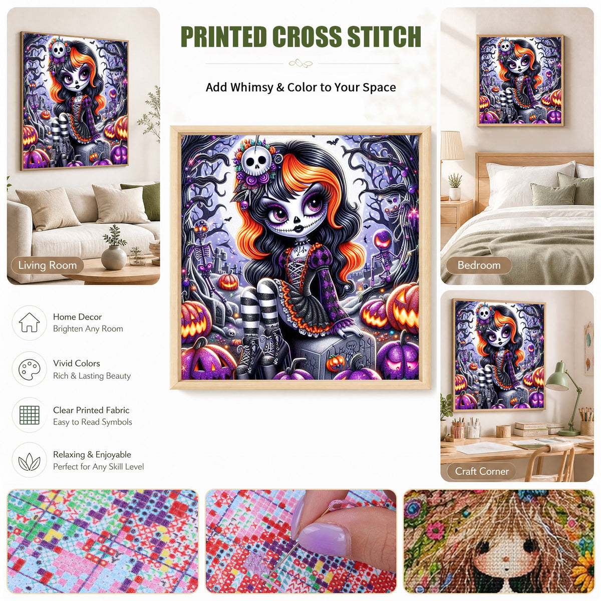 Cute Orange Hair Witch - Full 11CT Stamped Cross Stitch 40x40CM - Huacan