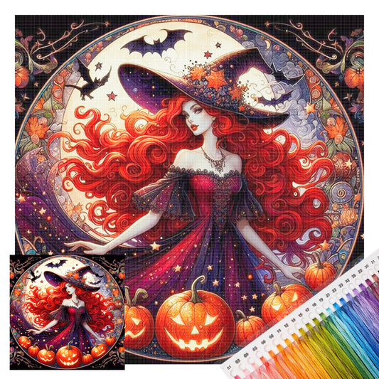 Hexe mit rotem Haar bei Vollmond – Komplette 11CT gestempelte Kreuzstichpackung 40x40 cm – Huacan